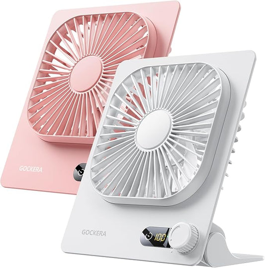 Desk Fan, 6.61''Ultra-thin Battery Powered Fan with Powerful Wind,100 Speeds Adjustable&Digital Display,Timer,Ultra-quiet Small Portable Fan for Bedroom,Office,Travel (White and Pink, 5000mAh)