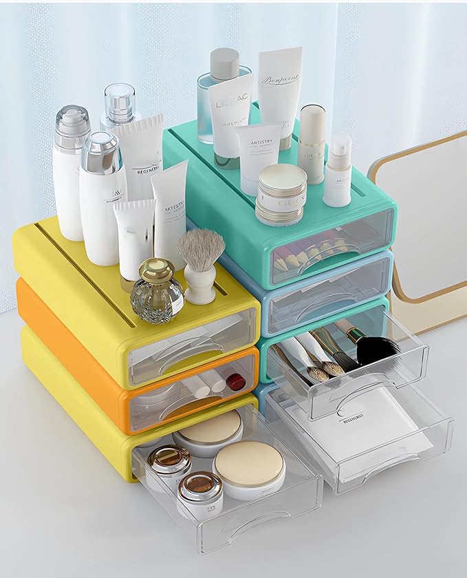 Plastic Desktop Drawer Organizer, Small 3-Tier Stackable Storage Drawers, Mini Desk Organizer for Office Stationery Makeup Vanity Supplies