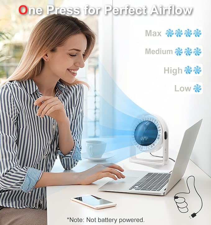 RANVOO 2026 New Desk Fan, Quiet Air Circulator Mini Fan for Bedroom, 4 Speeds Strong Airflow Portable Fan, Smart Display USB Fans,120°Tilt, Small Desktop Table Fans For Office Room, Ivory White