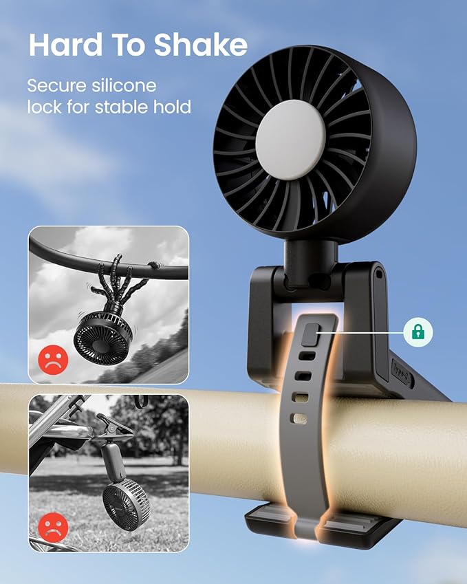 GROWNSY Portable Stroller Fan with Clip | Foldable Mini Fan for Baby Carrier | Small Handheld Fan with Soft Night Light | Rechargeable 4-Speed Baby Fan for Travel/Desk/Bed/Backpack/Car Seat (Black)