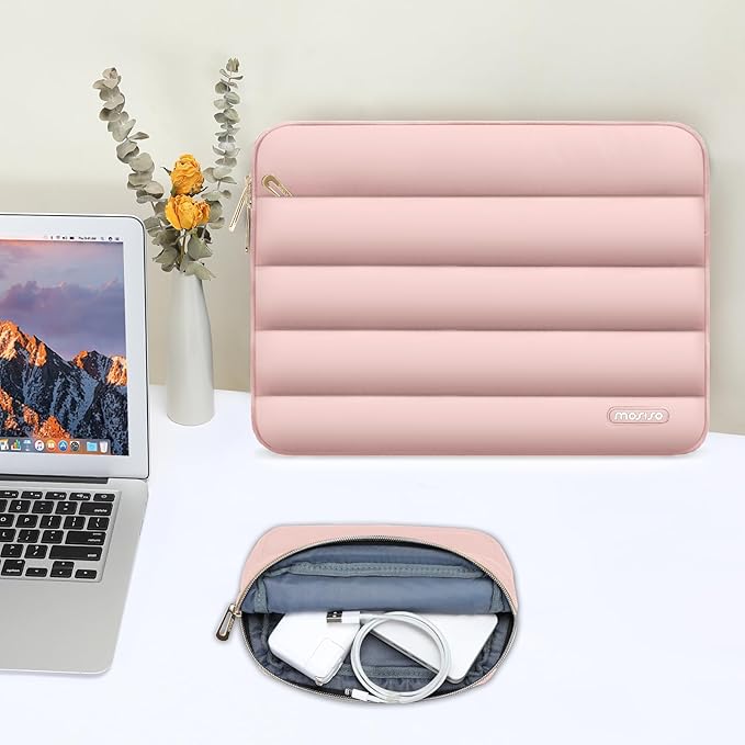 MOSISO Laptop Case 13.3 inch,13-13.3 inch Puffy Laptop Sleeve Compatible with MacBook Air 13.6 M5 M4 M3 M2 M1/Neo/Pro 13/14,HP Dell ASUS Lenovo,Polyester Horizontal Bag with Small Case, Pink