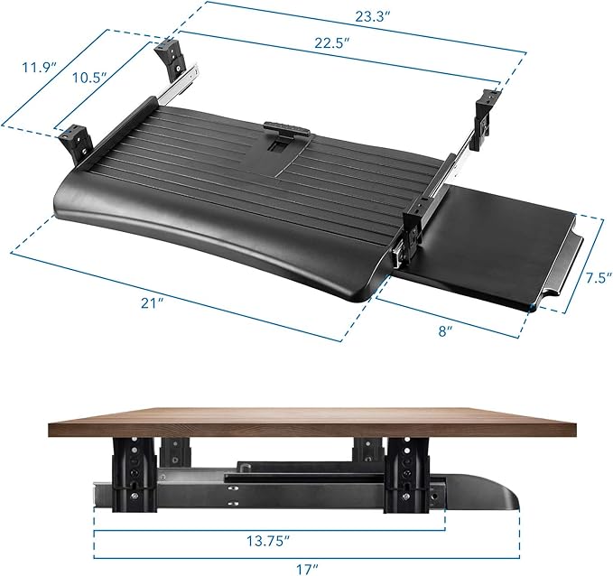 Mount-It! Under Desk Keyboard Tray, Slide-Out Keyboard & Mouse Drawer, 21" W × 11.75" D, Adjustable Height Platform with Left or Right Mouse Tray, Bolt-On Under Desk Keyboard Holder for Home Office