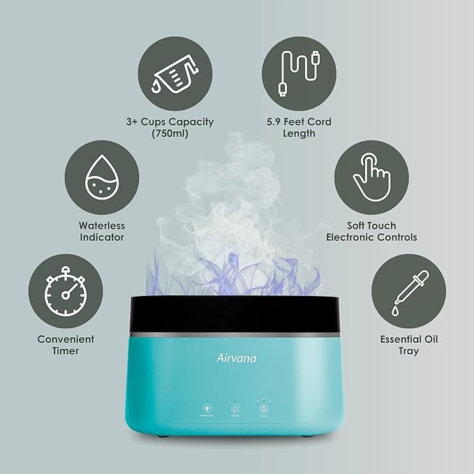 AquaFlame Ultrasonic Humidifier (.75L / .20 Gal) - Vibration Technology Humidifier with Essential Oil Diffuser – Tabletop Design for Personal Use, Dorm Rooms, & Desks - White (.75L / 0.20 Gal)