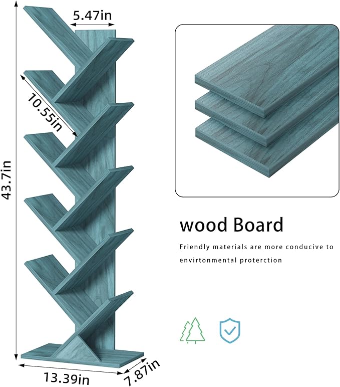 SHEEPAM 10 Tier Tree Book Shelf, Floor Standing Wood Bookshelf for Narrow Space, Storage Organizer Bookshelves for Books/CDs/Magazine, Bookcase with Shelves for Home Office, Living Room - Blue