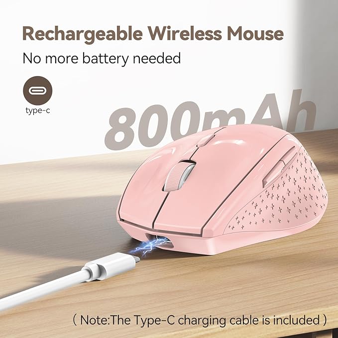 TECKNET Rechargeable Mouse with Jiggler, Plug & Play, 2.4G Connection with USB-C Adapter, Silent Mouse Quiet Click, 6400 DPI Ergonomic Mouse, Cordless Computer Mice for Laptop, Desktop, PC