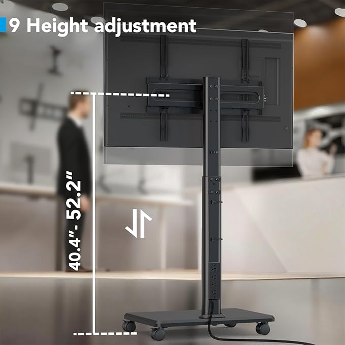 AX WABER Mobile TV Stand with Power Outlets, Floor Portable TV Stand with Wheels for 27-65Inch LCD LED OLED Flat/Curved Panel Screen TVs, Swivel,Height Adjustable&Wood Base, RollingTV Cart Black
