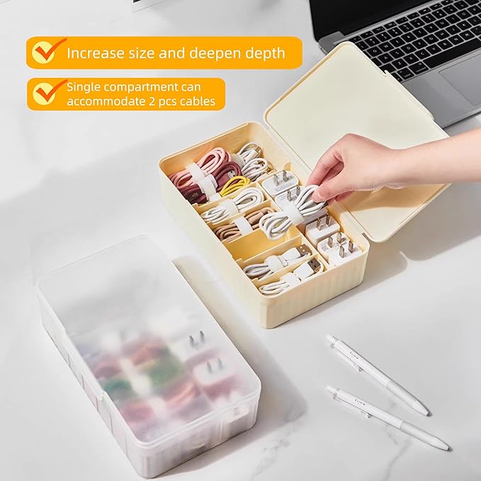 Cable Organizer Box Extra Wide, Travel Charger Cord Earphone Storage Case with Lid (Translucent Black)