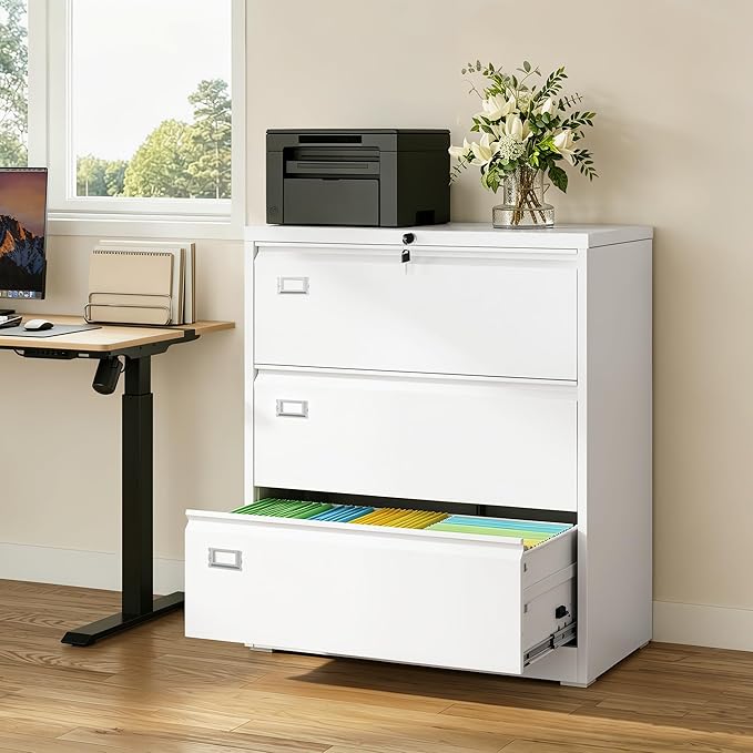 DEVAISE Metal Lateral File Cabinet with Lock, 3 Drawer Filing Cabinet with Business Card Holder, Suitable for Home Office School Hanging Files Letter/Legal/F4/A4 Size, White