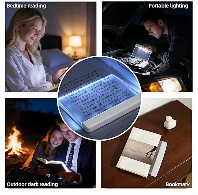 Book Light LED Flat Panel - Wireless Clip-On Eye-Care Page Light for Night Bed Reading, No-Glare Portable Reading Lamp for Students Adults, White
