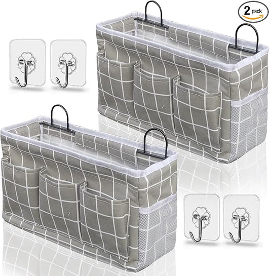 Kanrichu 2pcs 3-pockets Large Wall Hanging Organizer Bag, Linen Fabric Door Hanging Storage Baskets with Pockets, Waterproof Bin for Kitchen, Bedroom, Office, RV Camper (GreyGrid-2pcs)