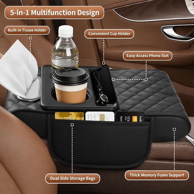 5-in-1 Universal Car Center Console Cover with Cup Holder, Upgrade Armrest Cushion for Car with Side Storage, PVC Leather Armrest Cover Pad with Phone Slot & Tissue Holder, Black