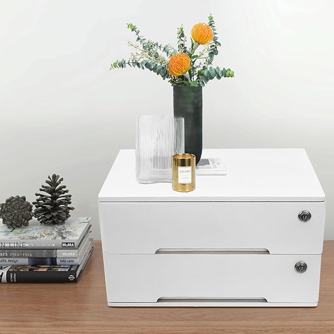 Wooden Desk Organizer with Drawers & Lock, Desktop Countertop Storage Cabinet Lockable Home Office Supplies File Tabletop Organizing Unit (2 Drawer - Modern White)
