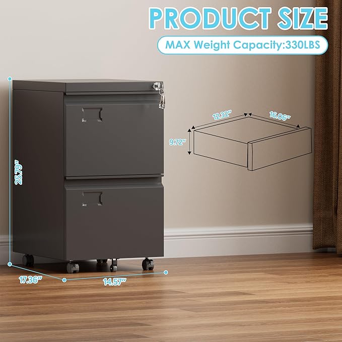 SUXXAN 2 Drawer Mobile File Cabinet with Lock, Heavy Duty Steel Under Desk Filing Cabinet for Letter/Legal Size, Anti-Tip Design with 5 Casters, Metal Storage Organizer for Home Office