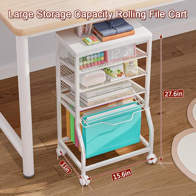 INGIORDAR 5-Tier Rolling File Cart, Under Desk Storage Organizer with Lockable Wheels & Mesh Sliding Trays, Multi-Functional Mobile Utility Cart for Office, Home, School, White