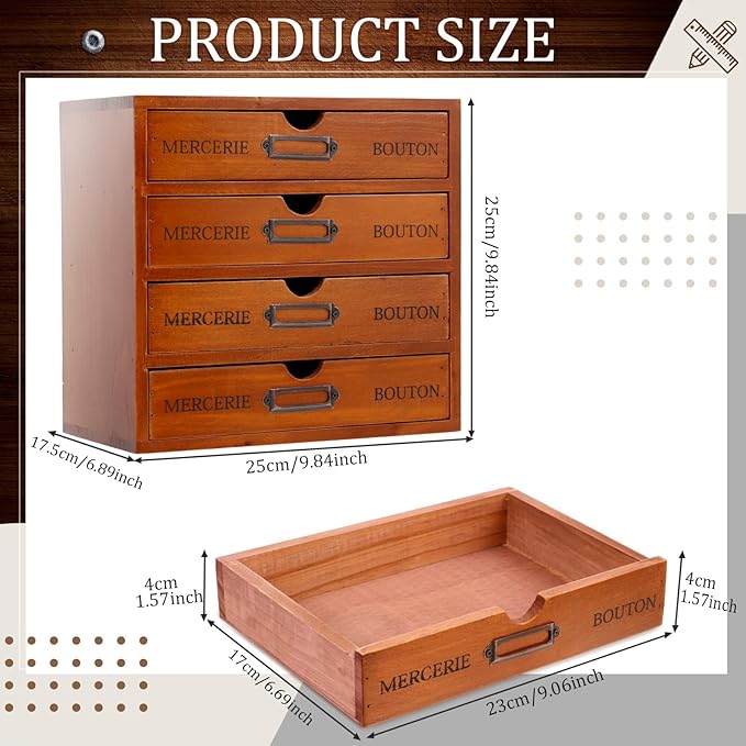 Wesiti 4 Drawer Vintage Wooden Desk Organizer, Apothecary Cabinet Storage Drawers, Rustic Shelf Drawer, Home Office Organizers and Accessories, Embroidery Floss, Craft, Art, Jewelry Storage, Stackable