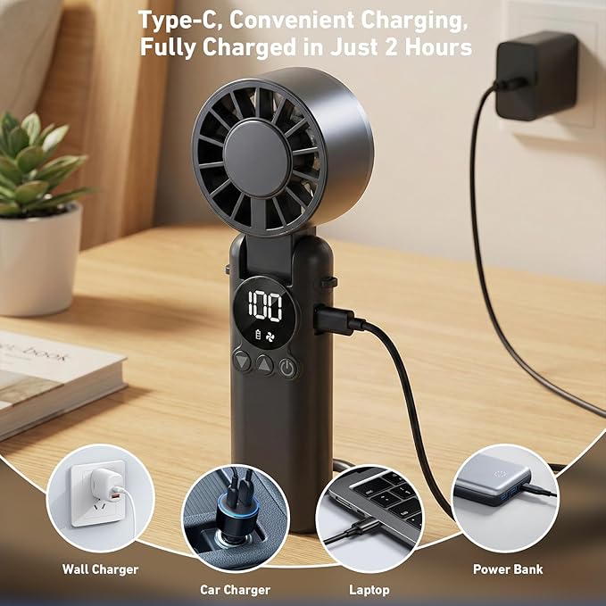 AILBTON Portable Handheld Fan, 5000mAh Rechargeable Mini Personal USB Fan with LED Display & Foldable Design, 199-Speed Powerful Battery Operated Travel Fan for Women, Outdoor, Office Pink