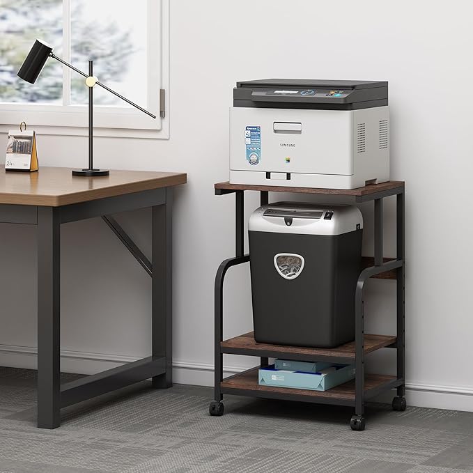 Fannova Printer Table Stand with Height Adjustable Shelf, 3 Tier Rolling Printer Cart with Wheels for Home Office Storage and Organization, Industrial Style