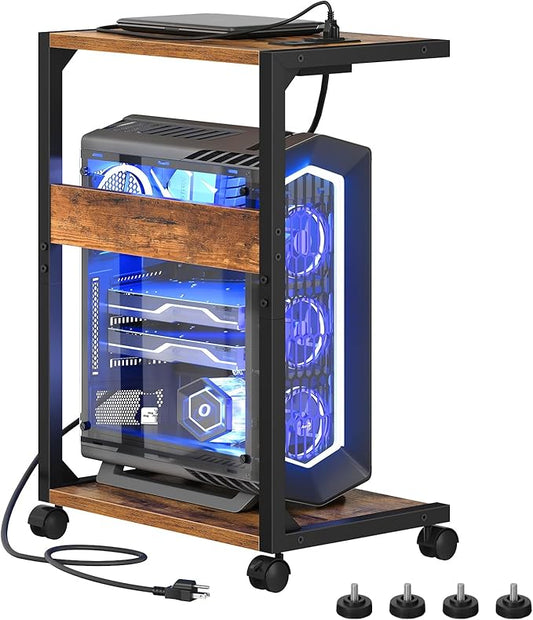 HOOBRO Computer Tower Stand, PC Stand with Charging Station, 2-Tier PC Tower Stand with Locking Caster Wheels, CPU Stand Fits Most PCs, PC Stand for Floor, for Home Office Rustic Brown BF01UCJ01G1
