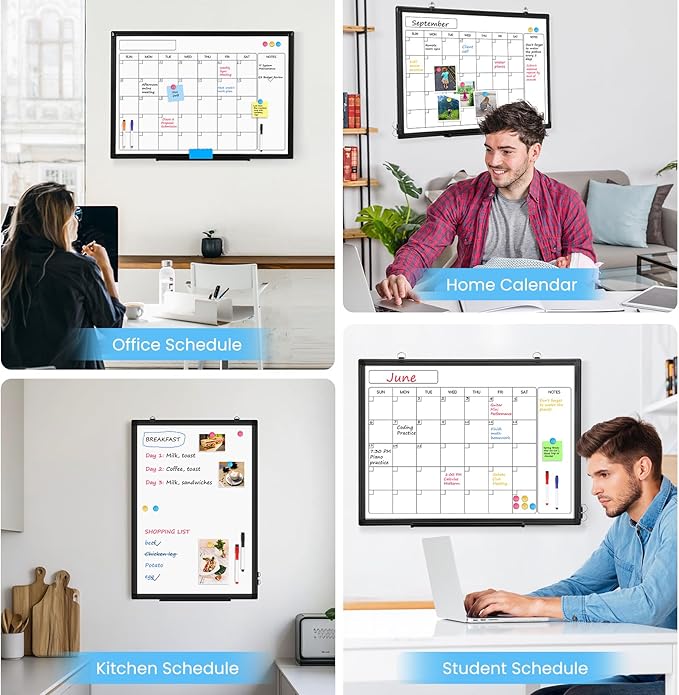 Monthly Calendar Dry Erase Whiteboard, 30" x 20" Magnetic Calendar White Board, Double-Sided Portable Board with Black Aluminium Frame for Office, Kitchen, School, Home