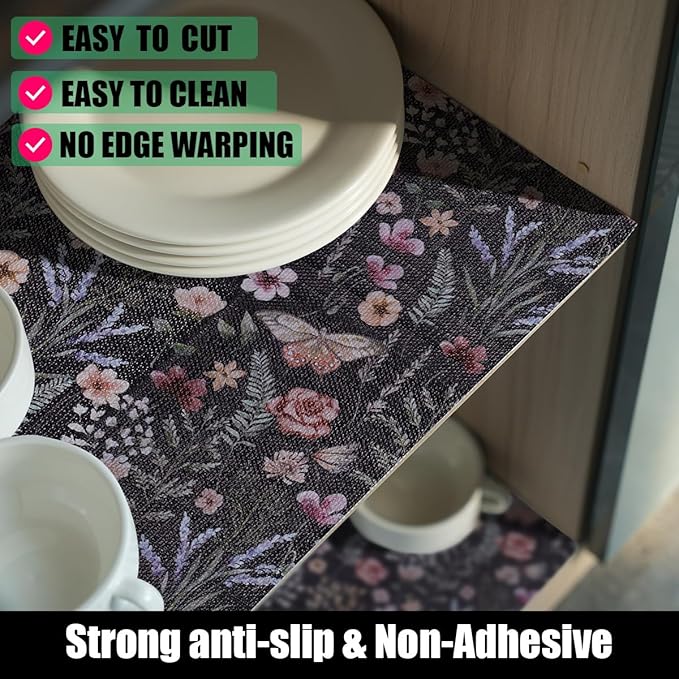 Butterfly Shelf and Drawer Liner for Kitchen Cabinets, 16IN x 20FT Non-Adhesive and Strong Non-Slip Floral Shelf Cabinet Drawer Liners for Kitchen, Waterproof Cupboard Liners,Easy to Clean