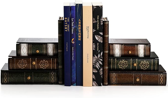 Fasmov Wood Bookends with Desktop Organizer Drawer Units, Decorative Bookends for Shelves, Office Desk Book Holder Stand, 1-Pair