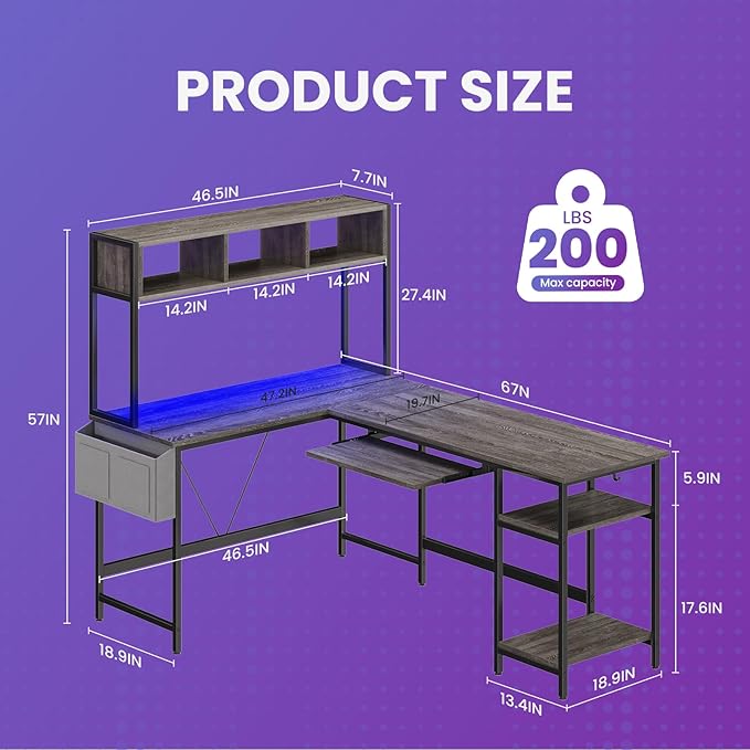 DUMOS L Shaped Gaming Desk 67", Reversible Computer Desk with LED Lights, Corner Desk for Small Spaces with Keyboard Tray & Storage Shelf, Metal Frame PC Gaming Table for Home Office Bedroom, Gray