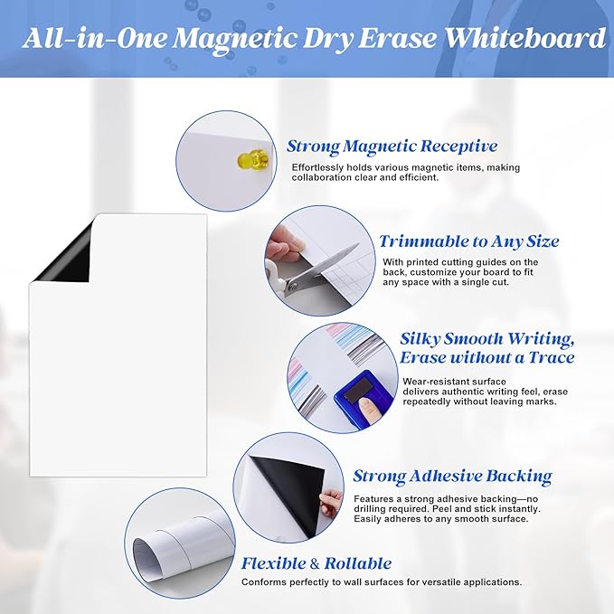 Magnetic Whiteboard Contact Paper Adhesive 39.37" x 78.74", Dry Erase White Board for Wall, White Board Sticker Easy to Write and Clean Magnet Board for Classroom Office Home