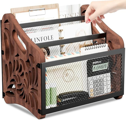 QILICHZ Magazine Holder,3-Compartment Magazine Rack Floor,Wood Magazines File Holder Organizer,Rustic Magazines Storage Basket for Books,Newspapers,Mails,Files