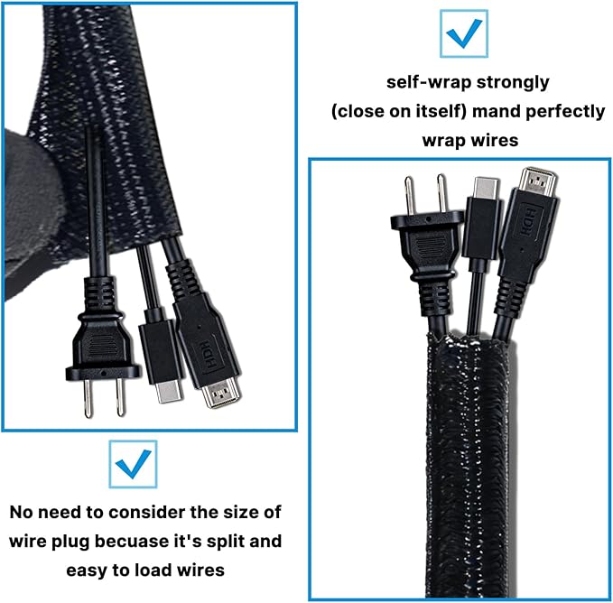 6.5ft - 1/2 inch Cord Protector Wire Loom Tubing Cable Sleeve Split Sleeving for USB Cable Power Cord Audio Video Cable – Protect Cat from Chewing - Black