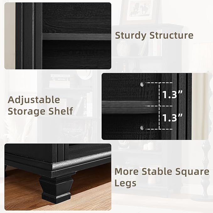 SAVOR LIFE 70" Tall Black Bookshelf,5 Tier Wooden Book Shelf with Adjustable Shelves & Wood Legs,Free Standing Farmhouse Bookcase with Open Display Storage,Vintage Bookshelves for Living Room, 3PCS