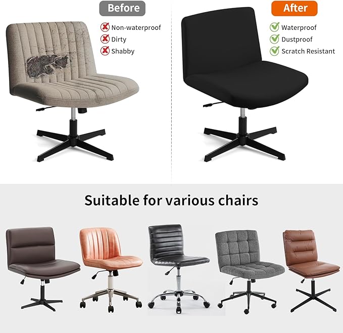 Fuloon Criss Cross Chair Cover, Waterproof, Stretchable, Solid, Suited for Armless/Office/Desk/Mid Back Wide Seat/Computer/Task/Vanity/Accent Chair (Black)