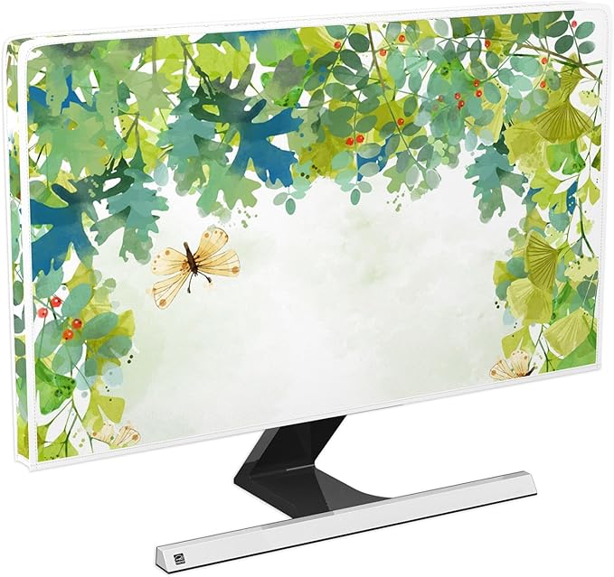 Watercolor Forest Waterproof Screen TV Dust Cover 45,46,47,48 Inch Spring Summer Botanical Butterfly Dust-Proof Television Covers Anti-Static Anti-Scratch Protective Cover for Desktop TVs