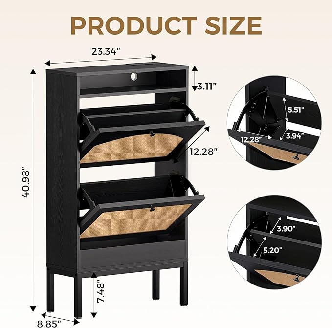 LUCKLIFE Shoe Cabinet with Charging Station, Flip Down Shoe Storage Organizer with Adjustable Shelves, Hidden Slim Shoe Rack with Anti-Tip Kit for Entryway or Hallway, Black Wood