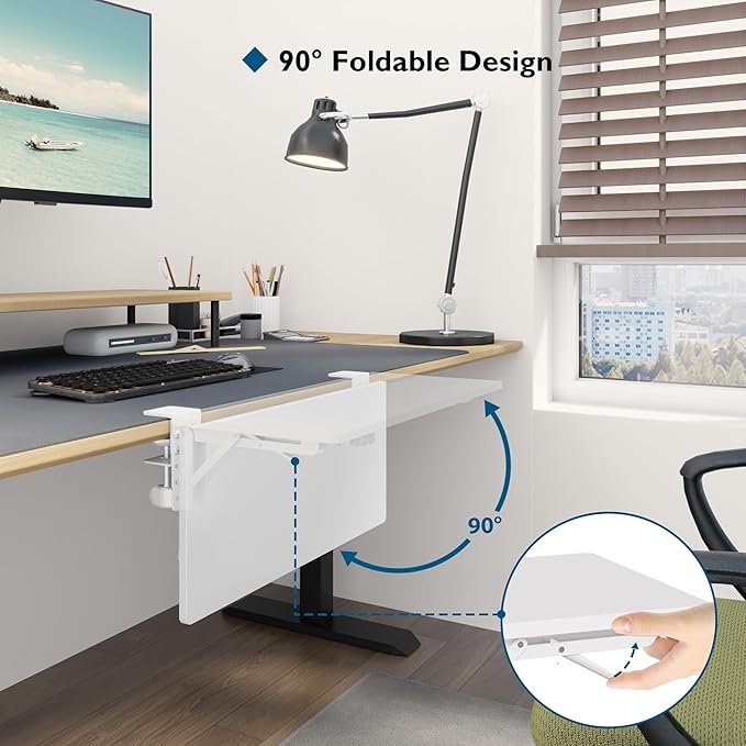 BONTEC Small Ergonomics Desk Extender Tray, 20x9.5 Inch Table Mount Arm Rest Shelf, 90° Foldable Keyboard Tray Platform, Clamp on Computer Arm Rest for Desk, Suitable for Office Desks, White