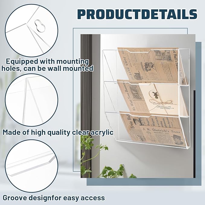 Chunful 3 Tier Mail Sorter Wall Letter Holder Clear Acrylic Wall Mounted Mail Organizer Hanging File Envelope Pocket Plastic Mount Document Holder for Home Office Entryway