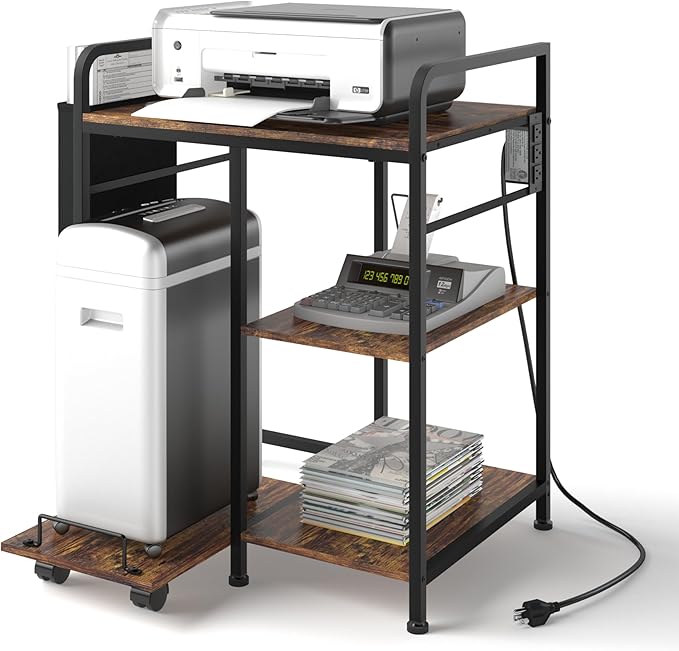 Sedegn Home Printer Stand with Charging Station, 24x18 Inches Stands for Large Printer, Printer Shredder Stand with Storage for Home Office, Table for Fax Machine/PC Tower (Rustic Brown)