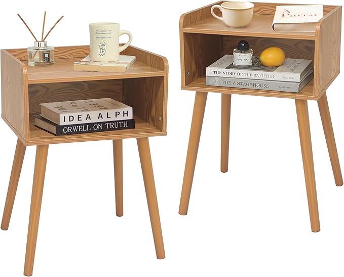 MaxSmeo Nightstands Set of 2, Mid Century Modern Side Table Bedroom with Storage, Small End Bedside Table Set of 2 with Solid Wood Legs for Living Room, Office Small Spaces (Brown)