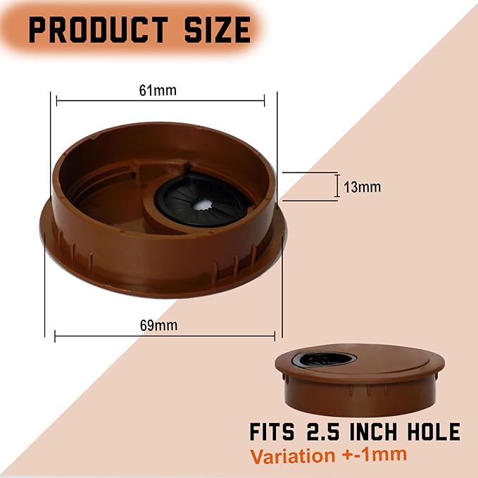 Signite 5 Pcs Plastic Desk Cable Grommet 2-1/2" – Durable Desk Hole Cover for Wire Management, Desks Cord Grommet for Workstations, Tables, Countertops 60mm Hole Cover for Home & Office Use - (Brown)