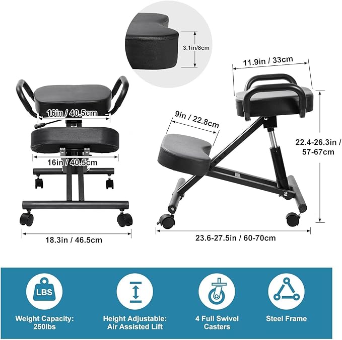 Ergonomic Kneeling Office Chair, Adjustable Postures Chair with Wheels & Extra Thick Cushion, for Study, Meditation & Home Work, Supports Back & Spine, Comfortable for Adults & Students