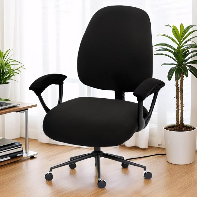 Water-resistant Stretchable Desk Office Chair Seat Covers with Armrest Covers Universal Spandex Computer Chair Slipcover - Rotating Backrest Coverings & Cushion Protectors for Pets, Black