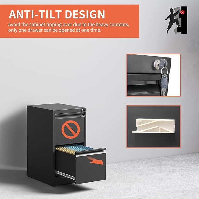 IKIMI 2 Drawer File Cabinet with Lock,Metal Filing Cabinets for Home Office,Steel Vertical File Cabinet,Heavy Duty Metal Storage Cabinet for A4/Letter/Legal Size Files,Assembly Required