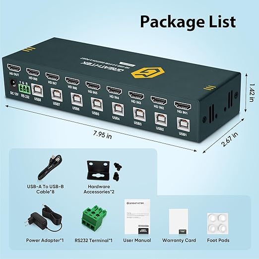 8 Ports HDMI KVM Switch, 8 Computers Share 1 Monitor Keyboard and Mouse, USB2.0 4K@30HZ 8 in 1 Out Monitor Switch with Hotkeys, Adaptive EDID