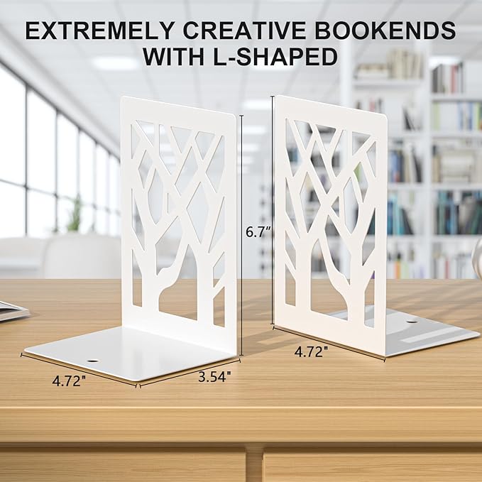 White Bookends 8 Pack, Tree Design Modern Metal Bookends for Shelves, Unique Tree Book Ends Decorative Book Organizer for Desk, Decorative Shelve Book Stopper for Home Office