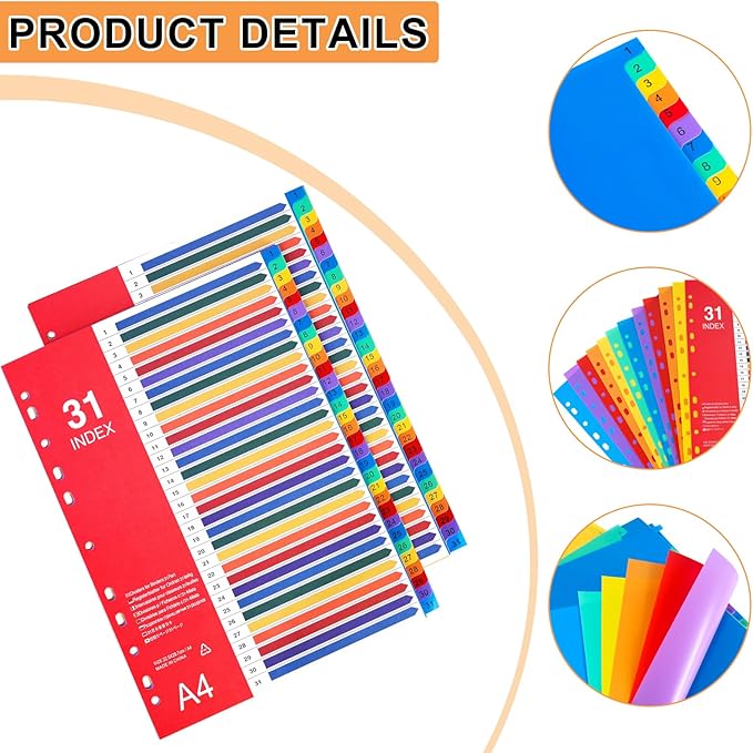 1-31 Tab Dividers, Plastic Binder Dividers for 2/3/4 Ring Binder, Customizable Table of Contents, Multicolor Number 1-31 Tabs, 5 Sets/ A4 Size