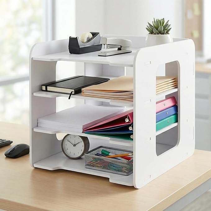 Desk Organizer, 4-Tier File Organizer for Desk, Letter Tray Paper, Desktop Document Sorter for Letter, File Folder Holder with Pen Holder for Office, Home or School- White MLT001W4