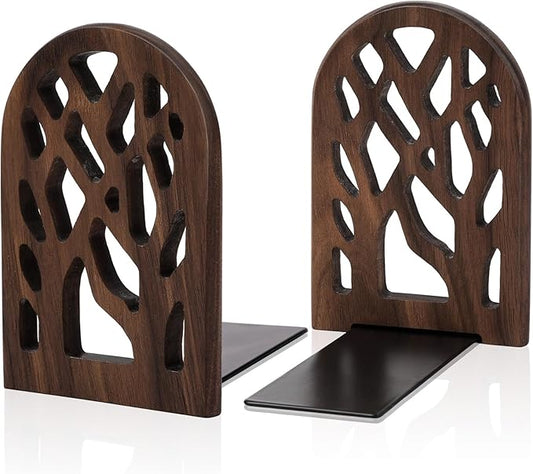2 Pieces Wood Tree Book Ends for Shelves, Non-Skid Bookends Large Heavy Duty Bookend Book Holders for Heavy Books Decorative Book Accessories to Hold Books Firmly on Bookshelf