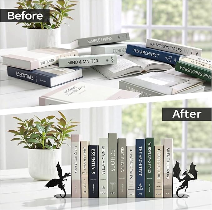 ENCIMART Dragon Metal Bookends Decorative, Unique Office Desk Book Ends for Shelves Bookshelf Home Office Desk Bookshelf Decor Gift for Dragon Lovers and Reading Enthusiasts
