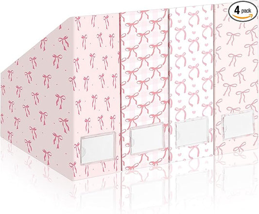 AmazingSpark Set of 4 Pink Bow Magazine File Holder Decorative Foldable Cardboard Magazine Storage Boxes with Acrylic Label Holders Coquettish Boho Organizer for Office Home Organization Storage