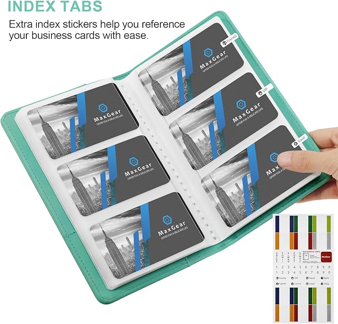 MaxGear Business Card Organizer Book, Holds 240 Cards, Portable PU Leather Business Card Holder with Clear Sleeves, Professional Card Binder for Office, Meetings, Networking, Turquoise