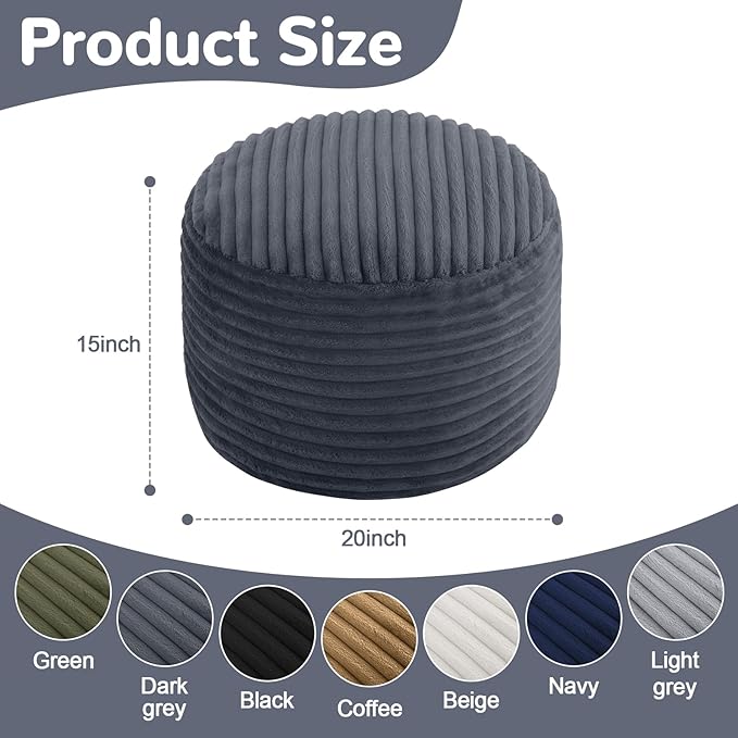 MeMoreCool Stuffed Round Pouf Ottoman Foot Rest, Soft Plush Floor Pouf Foot Stool, Corduray Footstool Footrest, Small Round Ottoman for Living Room Couch Sofa Chair, 20x15 Inch Grey